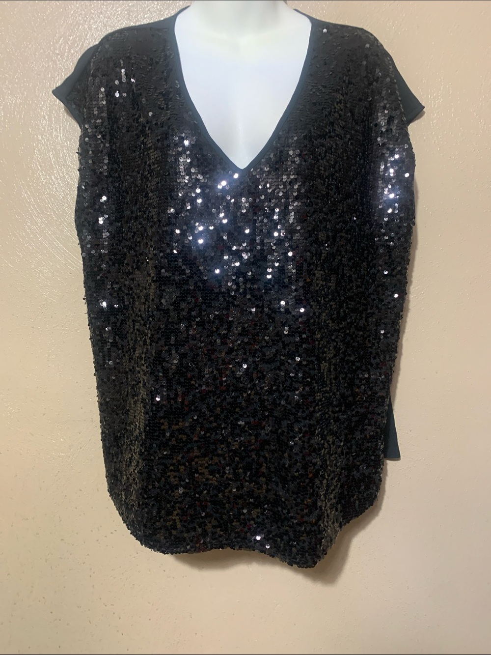 New York & Company XL Black Sequin V-Neck Camisole Top